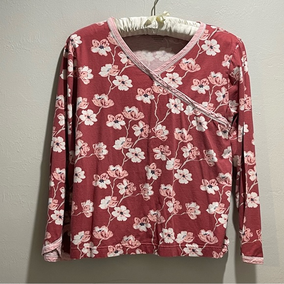 GARNET HILL Women’s Asian Wrap Organic Cotton Pajama Top Long Slv Red Floral L